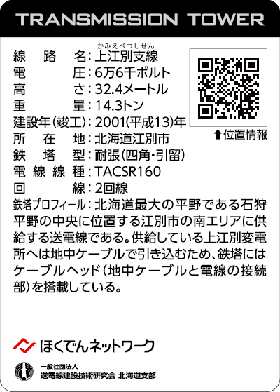 北海道鉄塔カード第1弾 '23「雪灯」のカード「上江別支線No.16」(裏面)