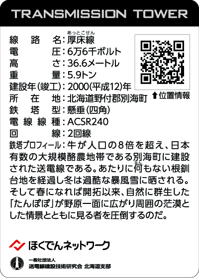 北海道鉄塔カード第2弾 '24「逢春」のカード「厚床線No.72」(裏面)