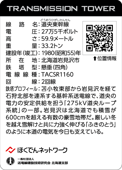北海道鉄塔カード第2弾 '24「逢春」のカード「道央東幹線No.157」(裏面)