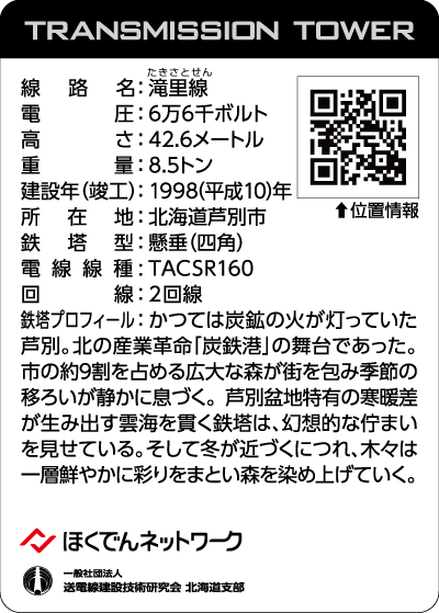 北海道鉄塔カード第3弾 '25「秋遥」のカード「滝里線No.15」(裏面)